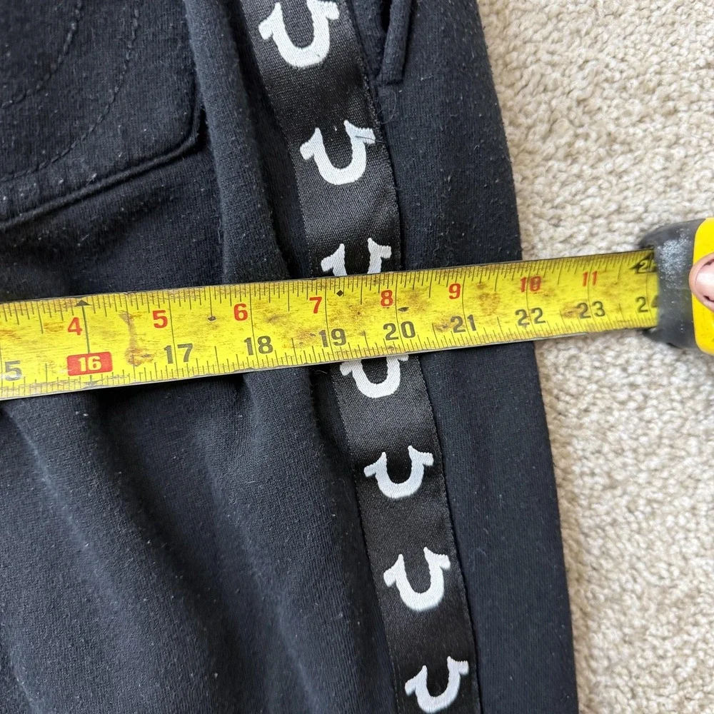 True Religion Jogger Pants Mens Med Black Fleece Elastic Waist Side Logo Stripe